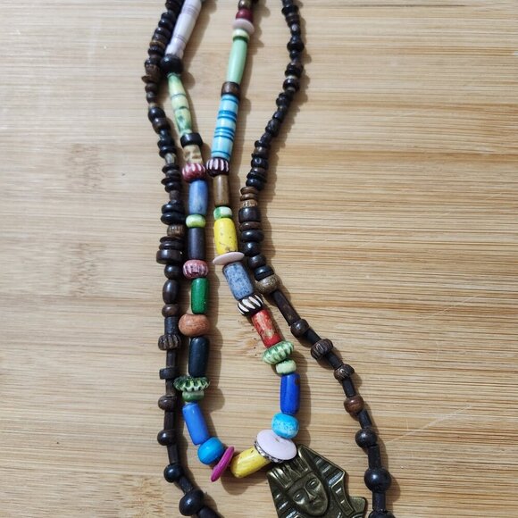 Hand Crafted Necklace King Tut Charm 2 Strands Brown Blue Beads - Picture 3 of 6